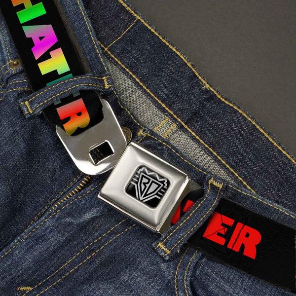 Buckle-Down BD Wings Logo CLOSE-UP Full Color Black Silver Seatbelt Belt - HATER Black/Red/Rainbow Fade Webbing