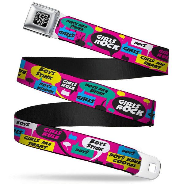 Buckle-Down BD Wings Logo CLOSE-UP Full Color Black Silver Seatbelt Belt - Girls Rule Bubbles Webbing