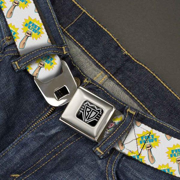 Buckle-Down BD Wings Logo CLOSE-UP Full Color Black Silver Seatbelt Belt - Fist Pump White/Yellow Webbing