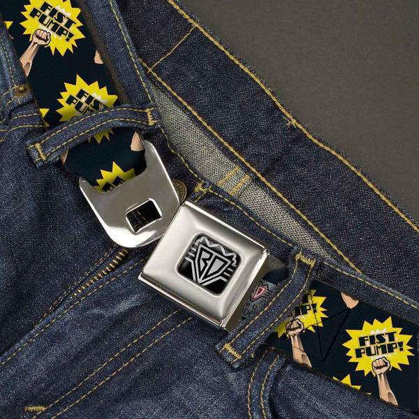 Buckle-Down BD Wings Logo CLOSE-UP Full Color Black Silver Seatbelt Belt - Fist Pump Black/Yellow Webbing