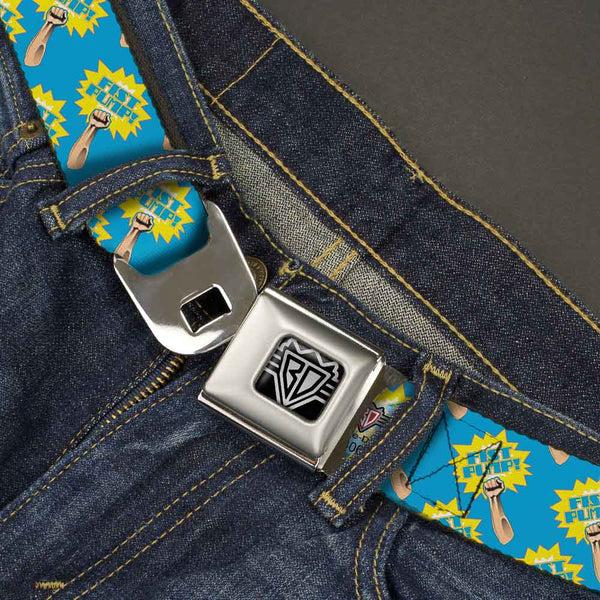 Buckle-Down BD Wings Logo CLOSE-UP Full Color Black Silver Seatbelt Belt - Fist Pump Baby Blue/Yellow Webbing