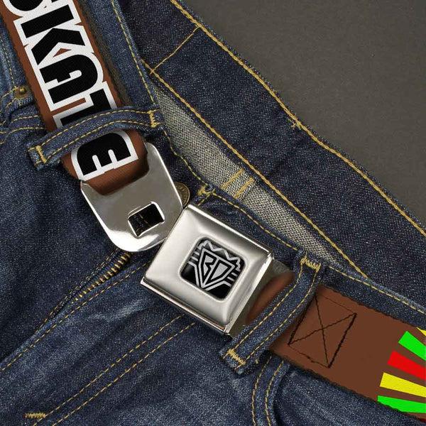 Buckle-Down BD Wings Logo CLOSE-UP Full Color Black Silver Seatbelt Belt - EAT SLEEP SKATE Brown/Rasta Burst Webbing