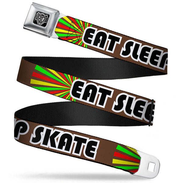 Buckle-Down BD Wings Logo CLOSE-UP Full Color Black Silver Seatbelt Belt - EAT SLEEP SKATE Brown/Rasta Burst Webbing