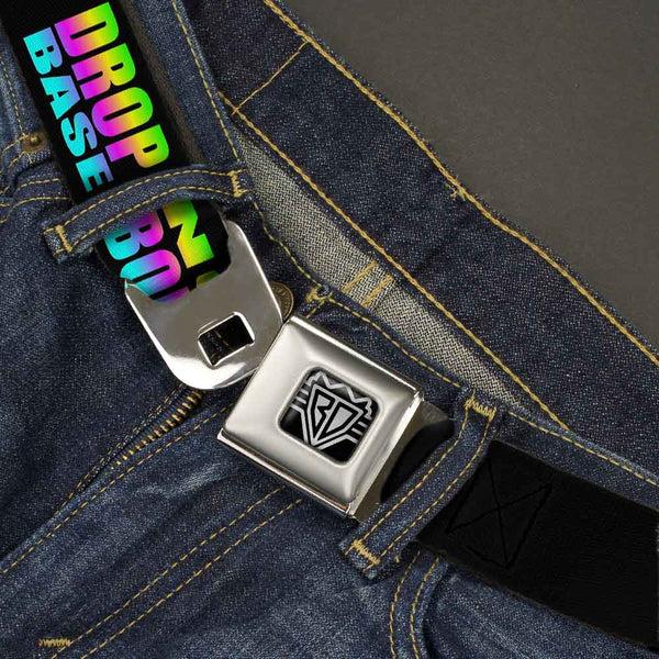 Buckle-Down BD Wings Logo CLOSE-UP Full Color Black Silver Seatbelt Belt - DROP BASS NOT BOMBS Black/Rainbow Webbing