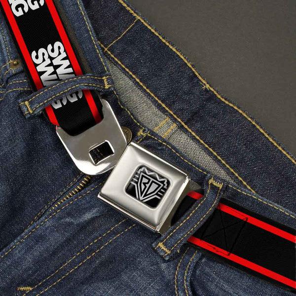 Buckle-Down BD Wings Logo CLOSE-UP Full Color Black Silver Seatbelt Belt - Double SWAG Black/White/Red Stripe Webbing