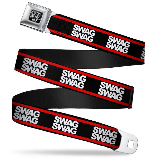 Buckle-Down BD Wings Logo CLOSE-UP Full Color Black Silver Seatbelt Belt - Double SWAG Black/White/Red Stripe Webbing