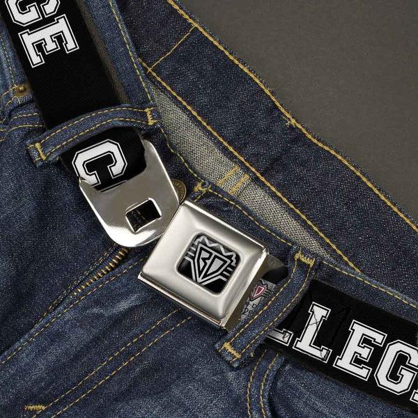 Buckle-Down BD Wings Logo CLOSE-UP Full Color Black Silver Seatbelt Belt - COLLEGE Black/White Webbing