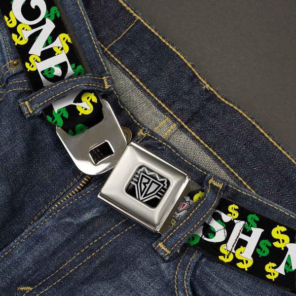 Buckle-Down BD Wings Logo CLOSE-UP Full Color Black Silver Seatbelt Belt - CASH MONEY W/$$$ Black/White/Yellow/Green Webbing