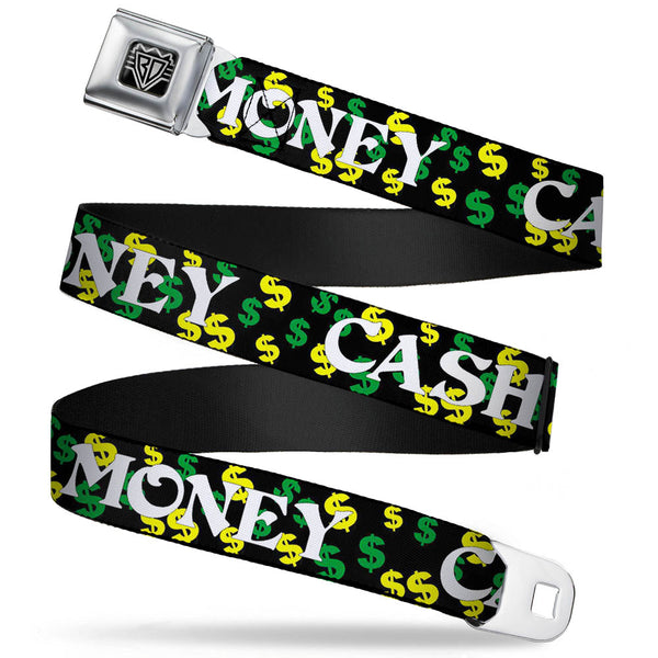 Buckle-Down BD Wings Logo CLOSE-UP Full Color Black Silver Seatbelt Belt - CASH MONEY w/$$$ Black/White/Yellow/Green Webbing