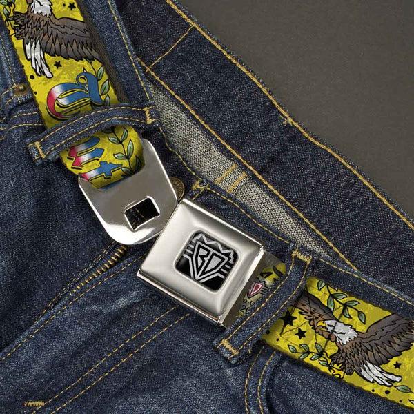 Buckle-Down BD Wings Logo CLOSE-UP Full Color Black Silver Seatbelt Belt - Truth And Justice Yellow Webbing