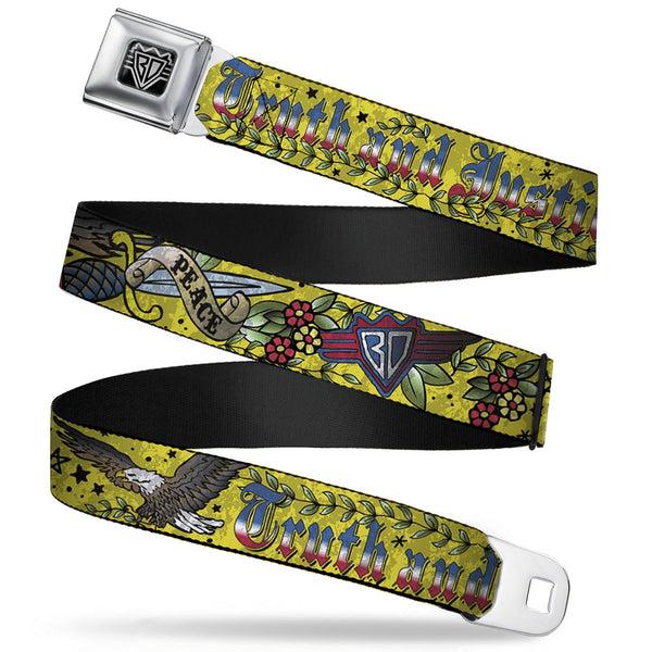 Buckle-Down BD Wings Logo CLOSE-UP Full Color Black Silver Seatbelt Belt - Truth and Justice Yellow Webbing