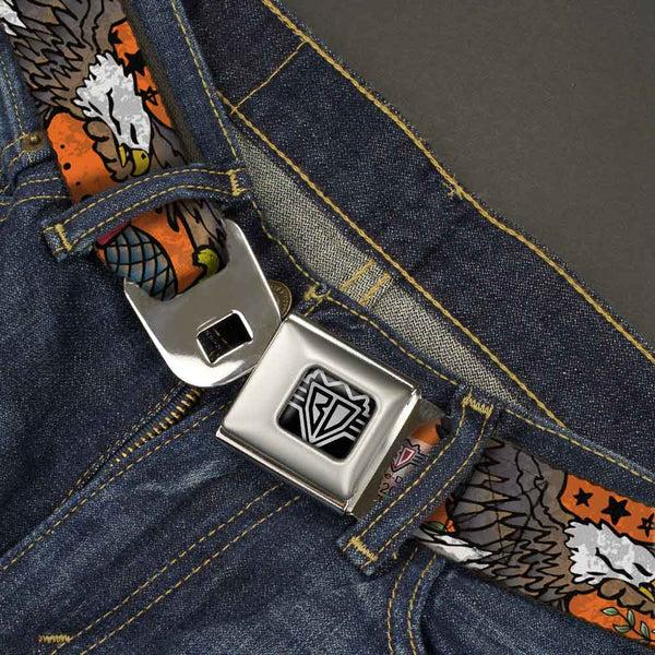Buckle-Down BD Wings Logo CLOSE-UP Full Color Black Silver Seatbelt Belt - Truth And Justice Orange Webbing