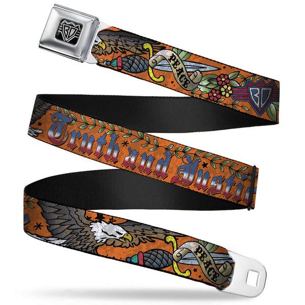 Buckle-Down BD Wings Logo CLOSE-UP Full Color Black Silver Seatbelt Belt - Truth and Justice Orange Webbing
