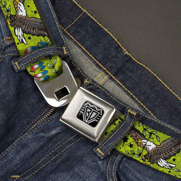 Buckle-Down BD Wings Logo CLOSE-UP Full Color Black Silver Seatbelt Belt - Truth And Justice Green Webbing
