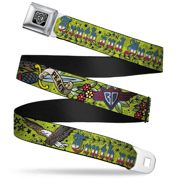 Buckle-Down BD Wings Logo CLOSE-UP Full Color Black Silver Seatbelt Belt - Truth and Justice Green Webbing