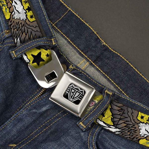 Buckle-Down BD Wings Logo CLOSE-UP Full Color Black Silver Seatbelt Belt - Truth And Justice CLOSE-UP Yellow Webbing