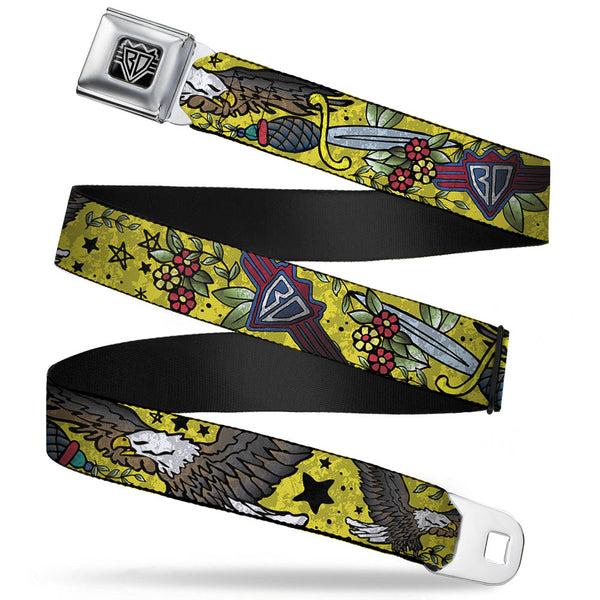 Buckle-Down BD Wings Logo CLOSE-UP Full Color Black Silver Seatbelt Belt - Truth and Justice CLOSE-UP Yellow Webbing
