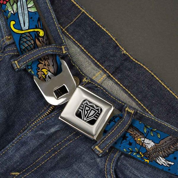 Buckle-Down BD Wings Logo CLOSE-UP Full Color Black Silver Seatbelt Belt - Truth And Justice CLOSE-UP Blue Webbing