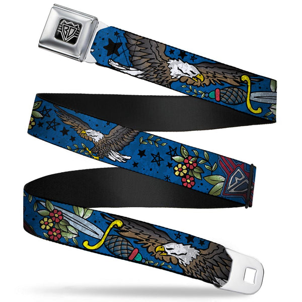 Buckle-Down BD Wings Logo CLOSE-UP Full Color Black Silver Seatbelt Belt - Truth and Justice CLOSE-UP Blue Webbing