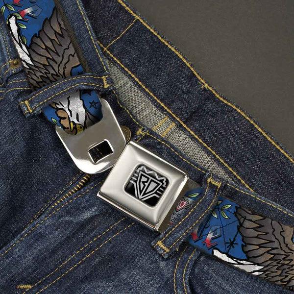 Buckle-Down BD Wings Logo CLOSE-UP Full Color Black Silver Seatbelt Belt - Truth And Justice Blue Webbing