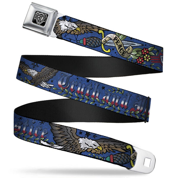 Buckle-Down BD Wings Logo CLOSE-UP Full Color Black Silver Seatbelt Belt - Truth and Justice Blue Webbing