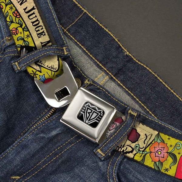 Buckle-Down BD Wings Logo CLOSE-UP Full Color Black Silver Seatbelt Belt - Only God Can Judge Me Yellow Webbing