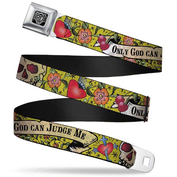 Buckle-Down BD Wings Logo CLOSE-UP Full Color Black Silver Seatbelt Belt - Only God Can Judge Me Yellow Webbing