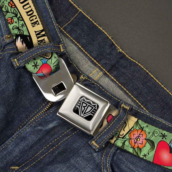 Buckle-Down BD Wings Logo CLOSE-UP Full Color Black Silver Seatbelt Belt - Only God Can Judge Me Green Webbing