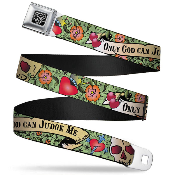 Buckle-Down BD Wings Logo CLOSE-UP Full Color Black Silver Seatbelt Belt - Only God Can Judge Me Green Webbing