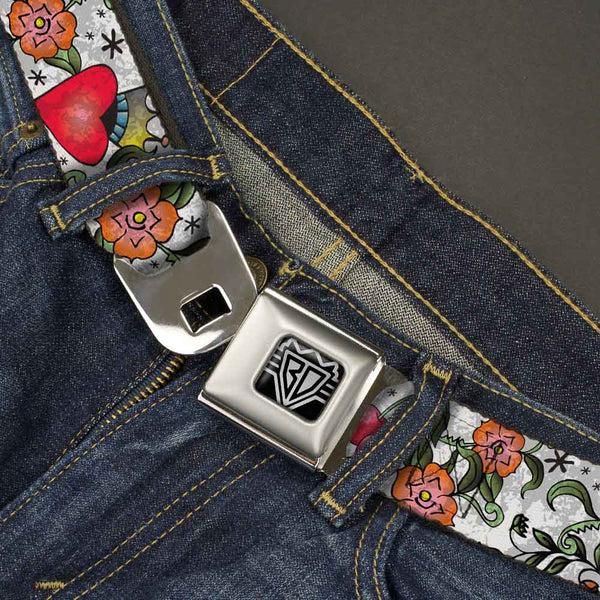 Buckle-Down BD Wings Logo CLOSE-UP Full Color Black Silver Seatbelt Belt - Only God Can Judge Me CLOSE-UP White Webbing