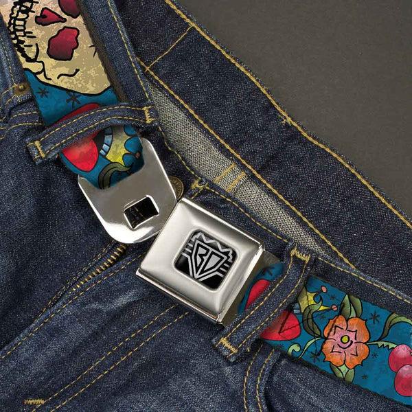 Buckle-Down BD Wings Logo CLOSE-UP Full Color Black Silver Seatbelt Belt - Only God Can Judge Me CLOSE-UP Blue Webbing