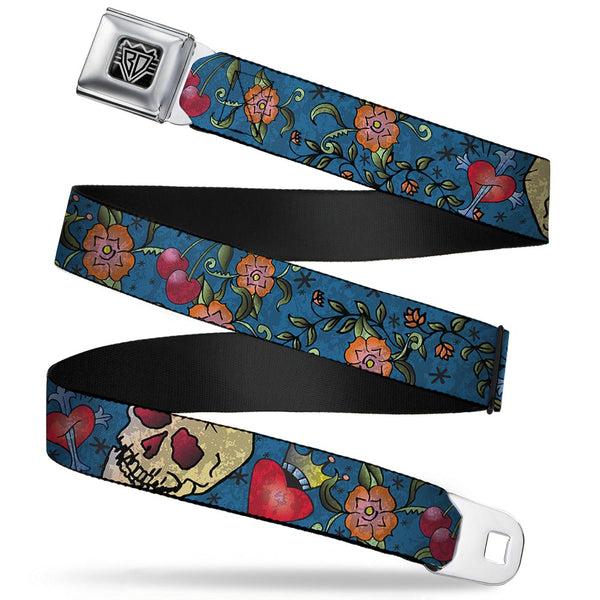 Buckle-Down BD Wings Logo CLOSE-UP Full Color Black Silver Seatbelt Belt - Only God Can Judge Me CLOSE-UP Blue Webbing
