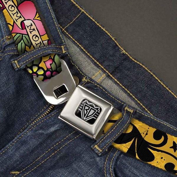 Buckle-Down BD Wings Logo CLOSE-UP Full Color Black Silver Seatbelt Belt - Mom & Mom Yellow Webbing