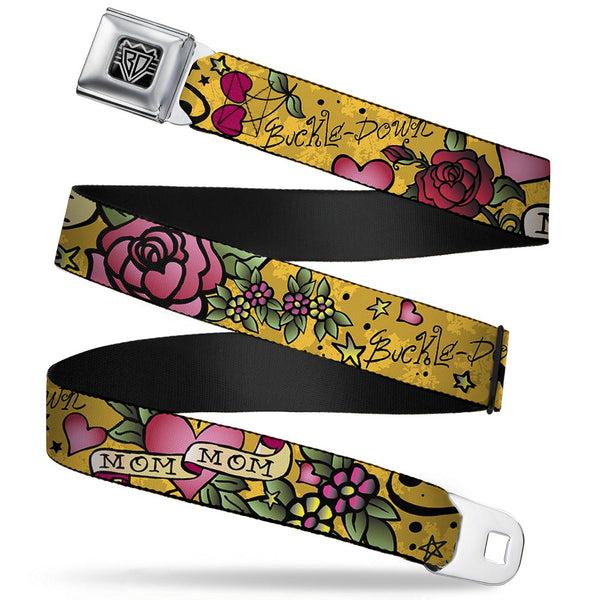 Buckle-Down BD Wings Logo CLOSE-UP Full Color Black Silver Seatbelt Belt - Mom & Mom Yellow Webbing
