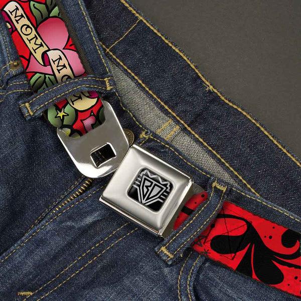 Buckle-Down BD Wings Logo CLOSE-UP Full Color Black Silver Seatbelt Belt - Mom & Mom Red Webbing