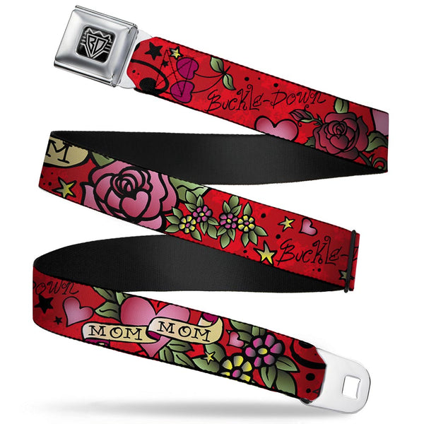 Buckle-Down BD Wings Logo CLOSE-UP Full Color Black Silver Seatbelt Belt - Mom & Mom Red Webbing