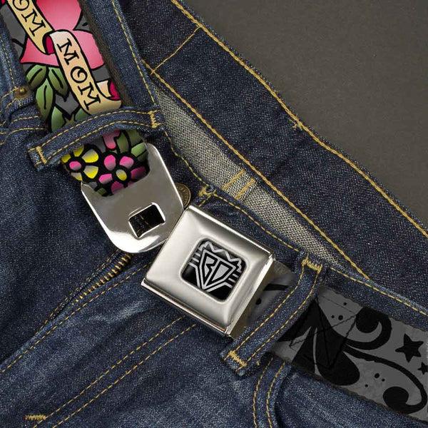 Buckle-Down BD Wings Logo CLOSE-UP Full Color Black Silver Seatbelt Belt - Mom & Mom Gray Webbing