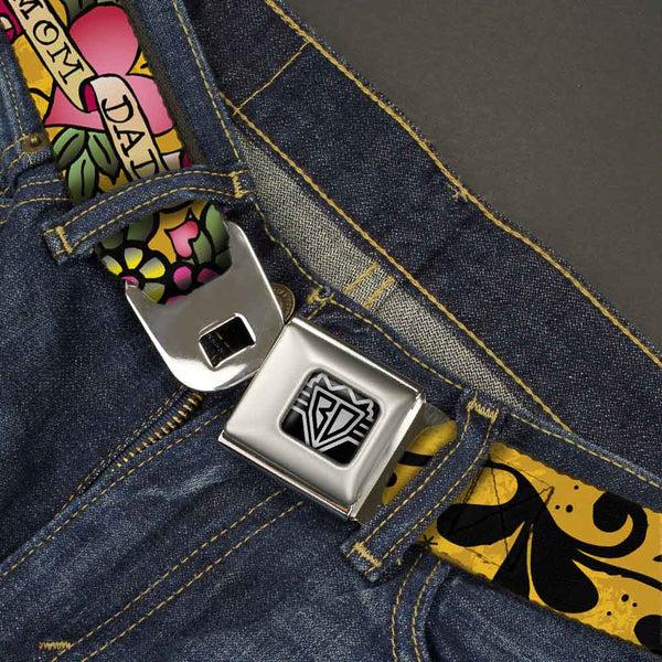 Buckle-Down BD Wings Logo CLOSE-UP Full Color Black Silver Seatbelt Belt - Mom & Dad Yellow Webbing
