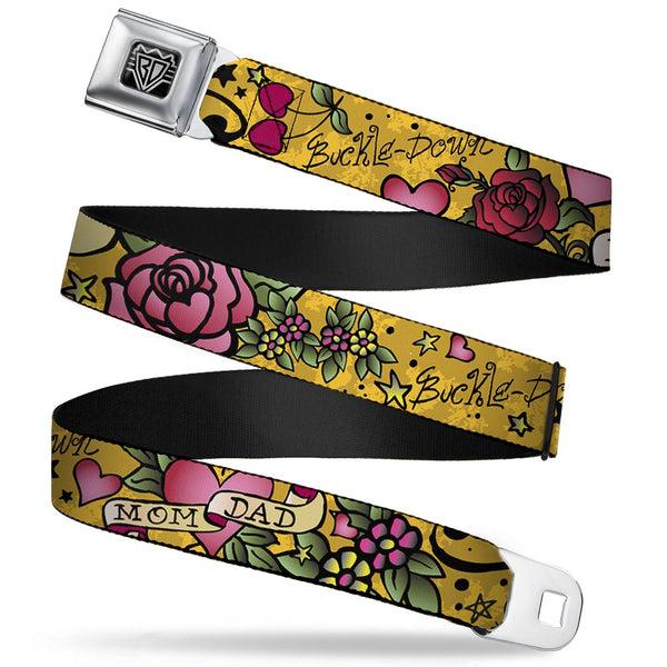 Buckle-Down BD Wings Logo CLOSE-UP Full Color Black Silver Seatbelt Belt - Mom & Dad Yellow Webbing