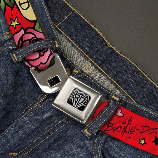 Buckle-Down BD Wings Logo CLOSE-UP Full Color Black Silver Seatbelt Belt - Mom & Dad Red Webbing