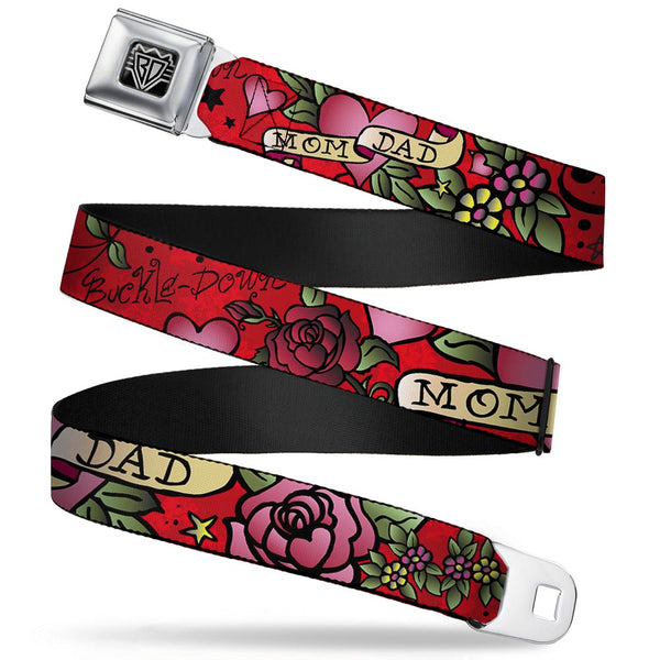 Buckle-Down BD Wings Logo CLOSE-UP Full Color Black Silver Seatbelt Belt - Mom & Dad Red Webbing