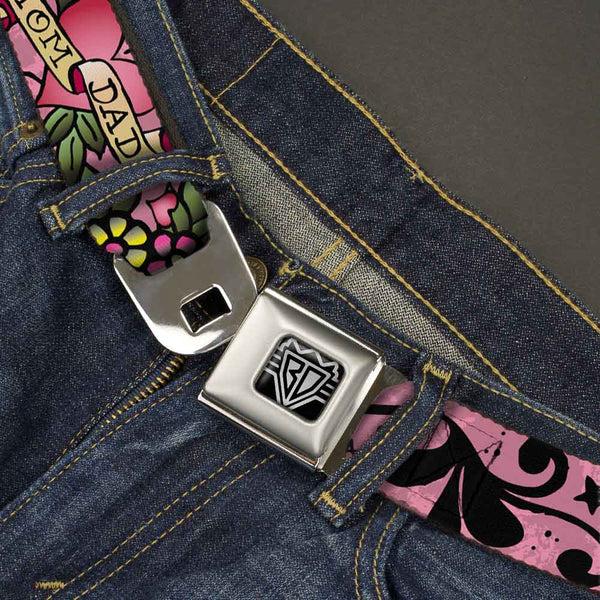 Buckle-Down BD Wings Logo CLOSE-UP Full Color Black Silver Seatbelt Belt - Mom & Dad Pink Webbing