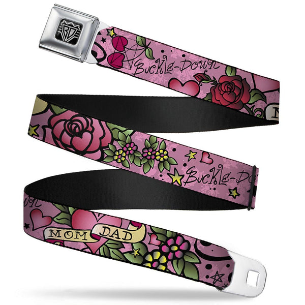 Buckle-Down BD Wings Logo CLOSE-UP Full Color Black Silver Seatbelt Belt - Mom & Dad Pink Webbing