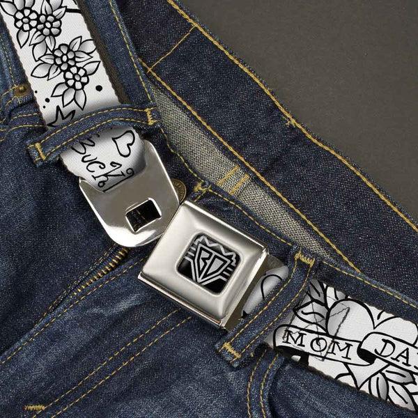 Buckle-Down BD Wings Logo CLOSE-UP Full Color Black Silver Seatbelt Belt - Mom & Dad Black/White Webbing