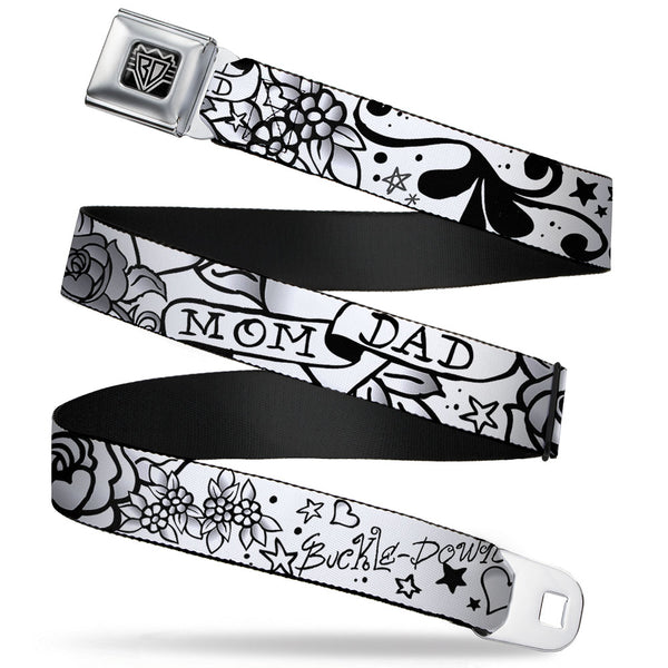 Buckle-Down BD Wings Logo CLOSE-UP Full Color Black Silver Seatbelt Belt - Mom & Dad Black/White Webbing