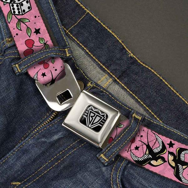 Buckle-Down BD Wings Logo CLOSE-UP Full Color Black Silver Seatbelt Belt - Lucky CLOSE-UP Pink Webbing