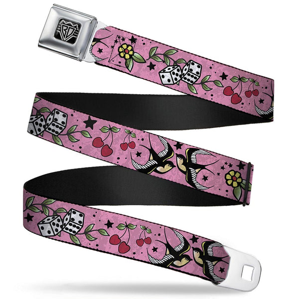 Buckle-Down BD Wings Logo CLOSE-UP Full Color Black Silver Seatbelt Belt - Lucky CLOSE-UP Pink Webbing