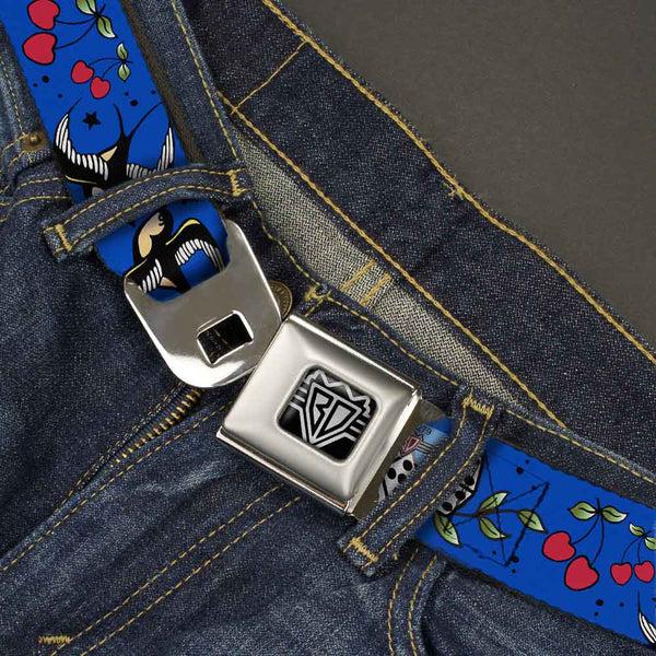 Buckle-Down BD Wings Logo CLOSE-UP Full Color Black Silver Seatbelt Belt - Lucky CLOSE-UP Blue Webbing