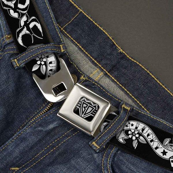 Buckle-Down BD Wings Logo CLOSE-UP Full Color Black Silver Seatbelt Belt - Lucky Black/White Webbing