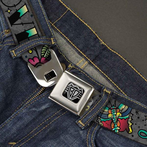 Buckle-Down BD Wings Logo CLOSE-UP Full Color Black Silver Seatbelt Belt - Love Kills Gray Webbing